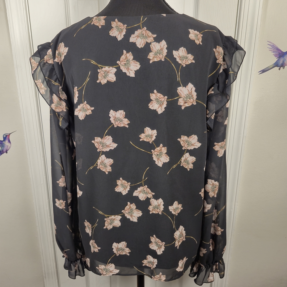 bar III Floral Ruffle V-Neck Sheer Long Sleeve Blouse Top L - Picture 2 of 7
